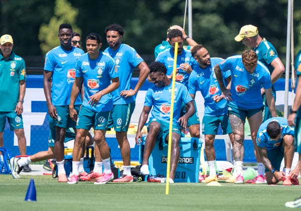 Gute Laune beim Training. Spieler der Nationalmannschaft von Brasilien FIFA World Cup, WM, Weltmeisterschaft, Fussball 2026: Brasilien Training 03 July 2026, FIFA World Cup 2026: Brasilien Training at Columbia Park Training Facility in Morristown, New Jersey, USA. *** Good spirits during training: Players from the Brazilian national team, FIFA World Cup 2026 Brazil Training, July 3, 2026, at the Columbia Park Training Facility in Morristown, New Jersey, USA Copyright: HMBxMedia xMarcoxBader