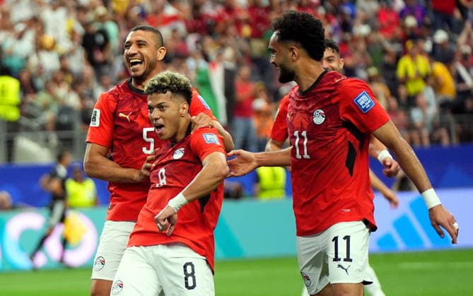 FIFA World Cup, WM, Weltmeisterschaft, Fussball 2026 - Round of 32 - Australia vs Egypt Emam Ashour of Egypt (2L) celebrates scoring the 1-0 with teammates during the FIFA World Cup 2026 Round of 32 match Australia against Egypt, in Dallas, USA, 03 July 2026. DALLAS United States  Copyright: xJEFFREYxMCWHORTERx