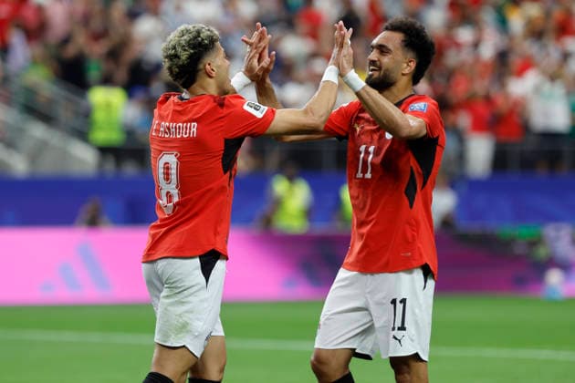 Egypt s Emam Ashour (L) celebrates with Mostafa Ziko after scoring the 0-1 during a Round 32 2026 FIFA World Cup, WM, Weltmeisterschaft, Fussball match between Egypt and Australia, at the Dallas Stadium, in Dallas, United States, 03 July 2026. Australia vs Egypt !ACHTUNG: NUR REDAKTIONELLE NUTZUNG!  Copyright: xMariscalx GRAF668 20260703-55020791833_1