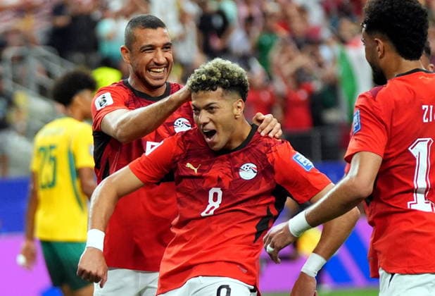 FIFA World Cup, WM, Weltmeisterschaft, Fussball 2026 - Round of 32 - Australia vs Egypt Emam Ashour of Egypt (C) celebrates scoring the 1-0 during the FIFA World Cup 2026 Round of 32 match Australia against Egypt, in Dallas, USA, 03 July 2026. DALLAS United States  Copyright: xJEFFREYxMCWHORTERx