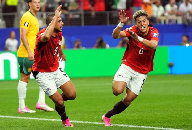FIFA World Cup, WM, Weltmeisterschaft, Fussball 2026 - Round of 32 - Australia vs Egypt Emam Ashour of Egypt (R) celebrates scoring the 1-0 during the FIFA World Cup 2026 Round of 32 match Australia against Egypt, in Dallas, USA, 03 July 2026. DALLAS United States  Copyright: xJEFFREYxMCWHORTERx