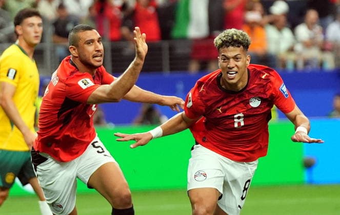 FIFA World Cup, WM, Weltmeisterschaft, Fussball 2026 - Round of 32 - Australia vs Egypt Emam Ashour of Egypt (R) celebrates scoring the 1-0 during the FIFA World Cup 2026 Round of 32 match Australia against Egypt, in Dallas, USA, 03 July 2026. DALLAS United States  Copyright: xJEFFREYxMCWHORTERx