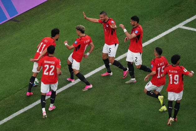 Egypt s Emam Ashour (3-L) celebrates with teammates after scoring the 0-1 during a Round 32 2026 FIFA World Cup, WM, Weltmeisterschaft, Fussball match between Egypt and Australia, at the Dallas Stadium, in Dallas, United States, 03 July 2026. Australia vs Egypt !ACHTUNG: NUR REDAKTIONELLE NUTZUNG!  Copyright: xKennethxFernandezx GRAF684 20260703-55020792093_1