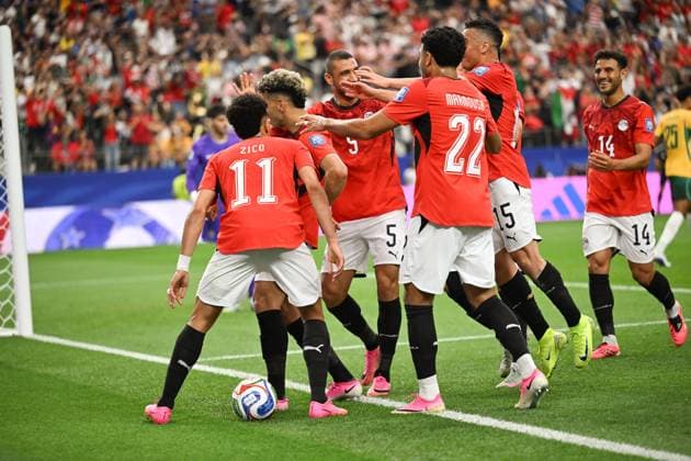 Australia v Egypt Round of 32 - FIFA World Cup, WM, Weltmeisterschaft, Fussball 2026 ARLINGTON, TEXAS JULY 3, 2026: Egypt s Emam Ashour ( 8) celebrates after scoring against Australia during the FIFA World Cup 2026 Round of 32 match at Dallas Stadium in Arlington, Texas, United States, on July 3, 2026. Teammates including Mostafa Zico ( 11), Ramy Rabia ( 5) and Marawan Attia ( 19) join the celebration. ( ARLINGTON United States of America Copyright: x xwalidxibrahimx xJNAxPressx