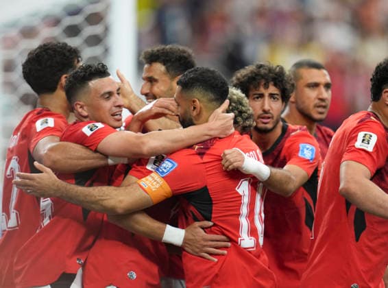 (260704) -- DALLAS, July 4, 2026 -- Players of Egypt celebrate a goal during the round of 32 match between Australia and Egypt at the 2026 FIFA World Cup, WM, Weltmeisterschaft, Fussball at Dallas Stadium in Dallas, the United States, July 3, 2026. ) (SP)U.S.-DALLAS-FOOTBALL-FIFA WORLD CUP-ROUND OF 32-AUS VS EGY WuxXiaoling 