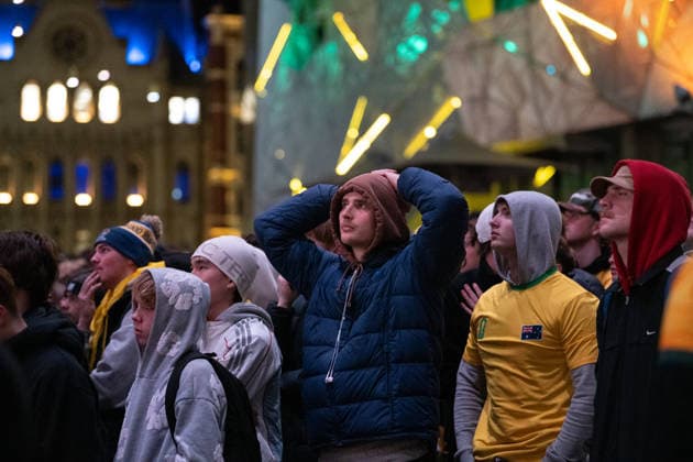 WORLD CUP LIVE SITE MELBOURNE, Socceroos fans react to Egypt s goal at a live site during the FIFA World Cup, WM, Weltmeisterschaft, Fussball match between Australia and Egypt at Federation Square in Melbourne, Saturday, July 4, 2026 ( NO ARCHIVING MELBOURNE VICTORIA AUSTRALIA  Copyright: xJAYxKOGLERx 20260704153623708168