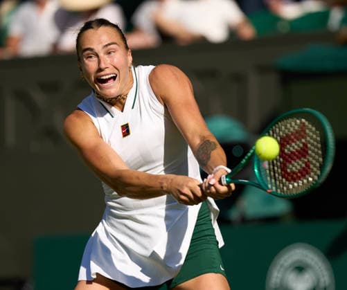 2026 Wimbledon, July 03, Day 5 LONDON, - JULY 3: Aryna Sabalenka plays a shot against Jelena Ostapenko of Latvia during their third round match at 2026 Wimbledon, July 03, Day 5 at The all England club, Wimbledon on July 3, 2026 in London, GBR. London The all England club, Wimbledon GBR Copyright: xPeterxvanxdenxBerg ISIxPhotosx 9445