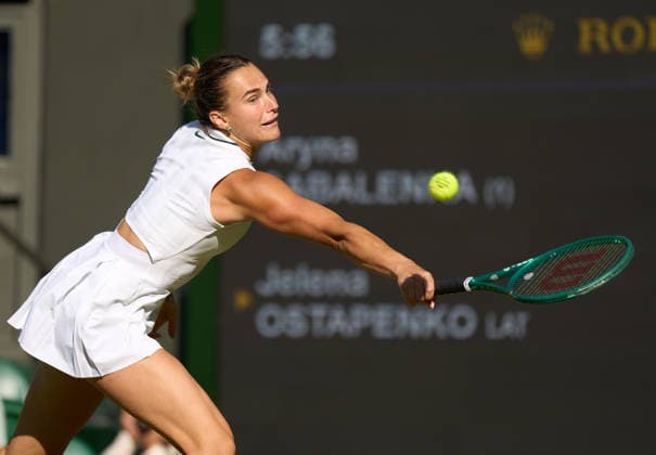 2026 Wimbledon, July 03, Day 5 LONDON, - JULY 3: Aryna Sabalenka plays a shot against Jelena Ostapenko of Latvia during their third round match at 2026 Wimbledon, July 03, Day 5 at The all England club, Wimbledon on July 3, 2026 in London, GBR. London The all England club, Wimbledon GBR Copyright: xPeterxvanxdenxBerg ISIxPhotosx 9445