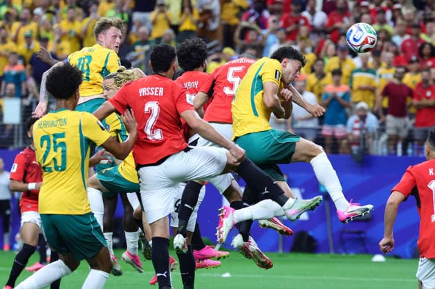 Mohamed Hany of Egypt scores an own goal for Australia during the FIFA World Cup, WM, Weltmeisterschaft, Fussball 2026 last 32 match between Australia and Egypt at AT&T Stadium, Dallas, USA on 3 July 2026. Copyright: xPeterxDovganx 45210038