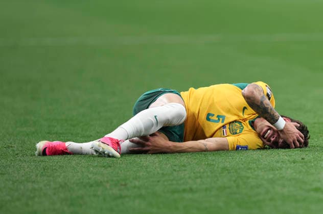 (260704) -- DALLAS, July 4, 2026 -- Jordan Bos of Australia falls down during the round of 32 match between Australia and Egypt at the 2026 FIFA World Cup, WM, Weltmeisterschaft, Fussball at Dallas Stadium in Dallas, the United States, July 3, 2026. ) (SP)U.S.-DALLAS-FOOTBALL-FIFA WORLD CUP-ROUND OF 32-AUS VS EGY LixYing 