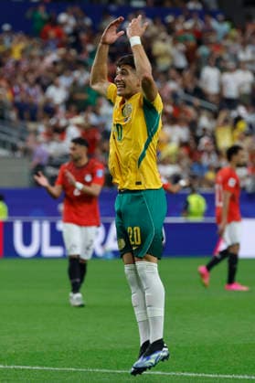 Australia s Cristian Volpato celebrates the 1-1 goal during a Round 32 2026 FIFA World Cup, WM, Weltmeisterschaft, Fussball match between Egypt and Australia, at the Dallas Stadium, in Dallas, United States, 03 July 2026. Australia vs Egypt !ACHTUNG: NUR REDAKTIONELLE NUTZUNG!  Copyright: xMariscalx GRAF719 20260703-55020792633_1