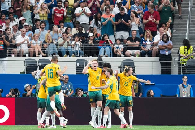 Lucas Herrington of Australia (C) and team mates celebrate the team s first goal during a FIFA Men’s World Cup 2026 round of 32 football match between Australia and Egypt at Dallas Stadium, in Arlington on July 03 2026 (Photo by LVDIDI SPP)  Copyright: xLVDIDI SPPx Sportspressphoto_SPR184066
