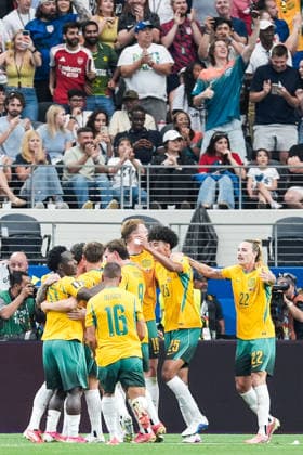 Lucas Herrington of Australia (C) and team mates celebrate the team s first goal during a FIFA Men’s World Cup 2026 round of 32 football match between Australia and Egypt at Dallas Stadium, in Arlington on July 03 2026 (Photo by LVDIDI SPP)  Copyright: xLVDIDI SPPx Sportspressphoto_SPR184067