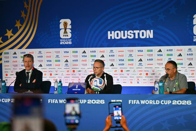 FIFA World Cup, WM, Weltmeisterschaft, Fussball 2026 - Morocco press conference, PK, Pressekonferenz Head coach Mohamed Ouahbi (C) of Morocco attends a press conference, in Houston, USA, 03 July 2026. Morocco will face Canada on 04 July in a 2026 FIFA World Cup Round of 16 match. HOUSTON Texas United States  Copyright: xSAMxWASSONx