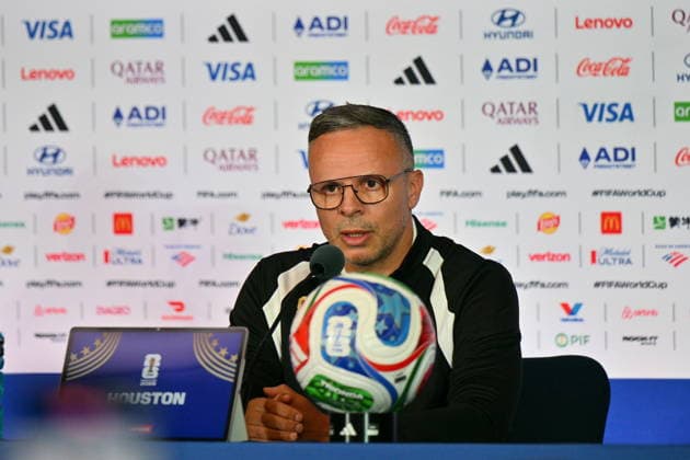 Sport Bilder des Tages FIFA World Cup, WM, Weltmeisterschaft, Fussball 2026 - Morocco press conference, PK, Pressekonferenz Head coach Mohamed Ouahbi of Morocco attends a press conference, in Houston, USA, 03 July 2026. Morocco will face Canada on 04 July in a 2026 FIFA World Cup Round of 16 match. HOUSTON Texas United States  Copyright: xSAMxWASSONx