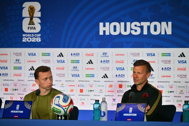 FIFA World Cup, WM, Weltmeisterschaft, Fussball 2026 - Canada press conference, PK, Pressekonferenz Canada player Alistair Johnston (L) and Jesse Marsch of Canada attend a press conference, in Houston, USA, 03 July 2026. Canada will face Morocco on 04 July in a 2026 FIFA World Cup Round of 16 match. HOUSTON Texas United States  Copyright: xSAMxWASSONx
