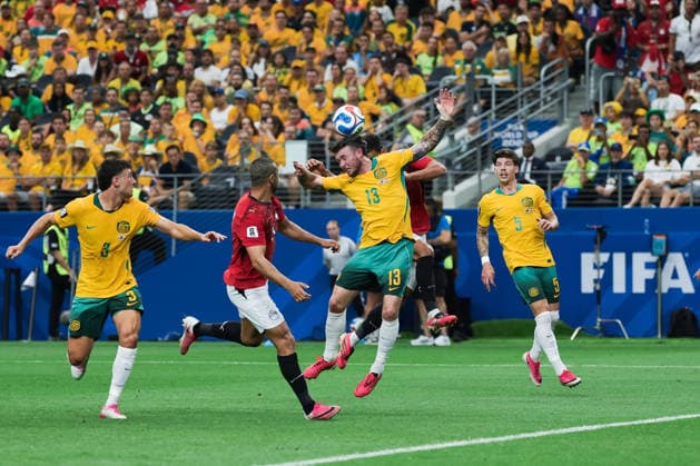 Aiden O Neill of Australia heads the ball during a FIFA Men’s World Cup 2026 round of 32 football match between Australia and Egypt at Dallas Stadium, in Arlington on July 03 2026 (Photo by Leo Barrilari SPP)  Copyright: xLeoxBarrilari SPPx Sportspressphoto_SPR184077
