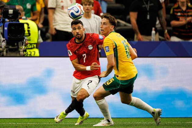 Trezeguet and Kai Trewin seen during FIFA World Cup, WM, Weltmeisterschaft, Fussball 2026 game between national teams of Australia and Egypt (Grzegorz Wajda Ball Raw Images) Arlington Dallas Stadium USA Copyright: xGrzegorzxWajdax grzegorzwajda_australia_egypt_2526_6-22