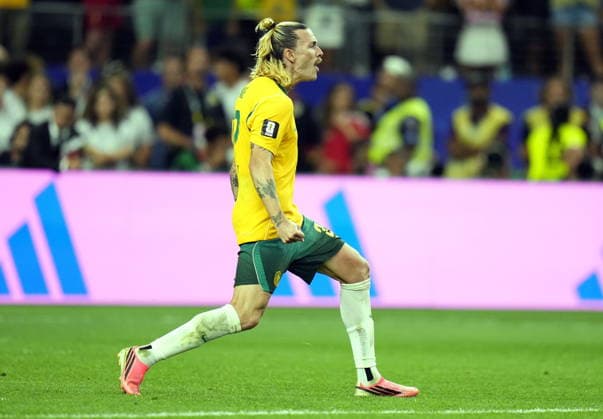 FIFA World Cup, WM, Weltmeisterschaft, Fussball 2026 - Round of 32 - Australia vs Egypt Jackson Irvine of Australia celebrates scoring a penalty during the penalty shoot out during the FIFA World Cup 2026 Round of 32 match Australia against Egypt, in Dallas, USA, 03 July 2026. DALLAS United States  Copyright: xJEFFREYxMCWHORTERx