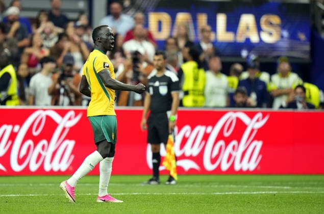FIFA World Cup, WM, Weltmeisterschaft, Fussball 2026 - Round of 32 - Australia vs Egypt Awer Mabil of Australia celebrates scoring a penalty during the penalty shoot out during the FIFA World Cup 2026 Round of 32 match Australia against Egypt, in Dallas, USA, 03 July 2026. DALLAS United States  Copyright: xJEFFREYxMCWHORTERx