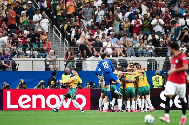 Players of Australia celebrate after scoring the team s first goal during a FIFA Men’s World Cup 2026 round of 32 football match between Australia and Egypt at Dallas Stadium, in Arlington on July 03 2026 (Photo by Nayra Halm SPP)  Copyright: xNayraxHalm SPPx Sportspressphoto_SPR184120