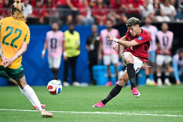 Emam Ashour of Egypt shoots for goal during a FIFA Men’s World Cup 2026 round of 32 football match between Australia and Egypt at Dallas Stadium, in Arlington on July 03 2026 (Photo by Nayra Halm SPP)  Copyright: xNayraxHalm SPPx Sportspressphoto_SPR184131