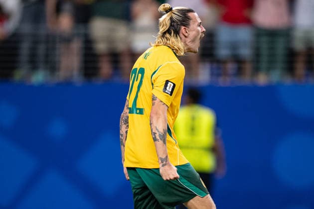 Jackson Irvine of Australia celebrates after scores a penalty during the FIFA World Cup, WM, Weltmeisterschaft, Fussball 2026 Round of 32 match between Australia and Egypt at Dallas Stadium in Dallas, Texas, United States, on July 3rd, 2026. (Photo by Riquelve Nata Sports Press Photo)  Copyright: xRiquelvexNata SportsxPressxPhotox Sportspressphoto_SPR184138