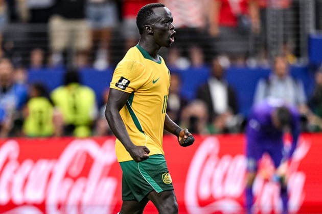 Awer Mabil of Australia celebrates after score a penalty during the FIFA World Cup, WM, Weltmeisterschaft, Fussball 2026 Round of 32 match between Australia and Egypt at Dallas Stadium in Dallas, Texas, United States, on July 3rd, 2026. (Photo by Riquelve Nata Sports Press Photo)  Copyright: xRiquelvexNata SportsxPressxPhotox Sportspressphoto_SPR184142