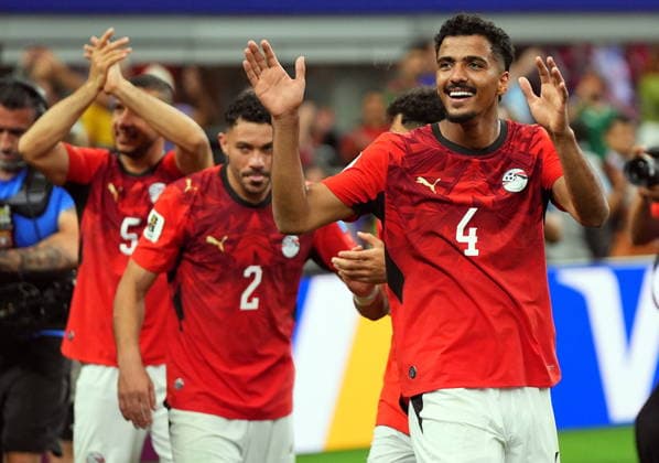 FIFA World Cup, WM, Weltmeisterschaft, Fussball 2026 - Round of 32 - Australia vs Egypt Hossam Abdelmaguid of Egypt (R) celebrates with teammates after winning the FIFA World Cup 2026 Round of 32 match Australia against Egypt, in Dallas, USA, 03 July 2026. DALLAS United States  Copyright: xJEFFREYxMCWHORTERx