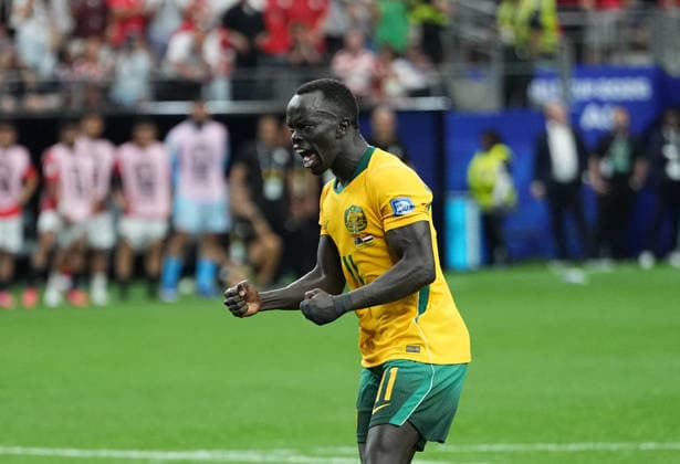Awer Mabil (Australia) during Australia and Egypt, Round of 32 FIFA World Cup, WM, Weltmeisterschaft, Fussball 2026, Dallas Stadium, Arlington, United States on July 3, 2026. Thor Wegner DeFodi Images. (Photo by DeFodi Images) - *** Awer Mabil of Australia during the Australia vs. Egypt match in the Round of 32 of the 2026 FIFA World Cup at Dallas Stadium in Arlington, United States, on July 3, 2026. Photo by Thor Wegner, DeFodi Images