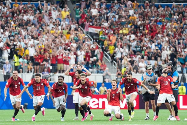 Egypt players celebrate after the penalty shootout win during a FIFA Men’s World Cup 2026 round of 32 football match between Australia and Egypt at Dallas Stadium, in Arlington on July 03 2026 (Photo by LVDIDI SPP)  Copyright: xLVDIDI SPPx Sportspressphoto_SPR184178