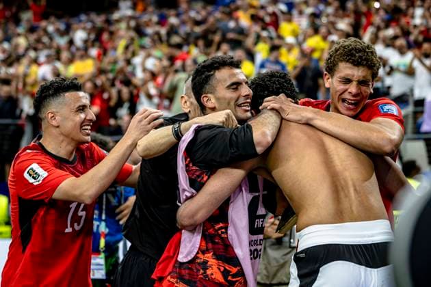 DALLAS - Karim Hafez of Egypt, Hossam Abdelmaguid of Egypt, and Hamza Abdelkarim of Egypt celebrate the victory during the 2026 World Cup match between Australia and Egypt at Dallas Stadium on July 3, 2026, in Dallas, United States. (Photo by Stefan Koops EYE4IMAGES DeFodi Images) - *** DALLAS Karim Hafez of Egypt, Hossam Abdelmaguid of Egypt, and Hamza Abdelkarim of Egypt celebrate their victory during the 2026 World Cup match between Australia and Egypt at Dallas Stadium on July 3, 2026, in Dallas, United States. Photo by Stefan Koops, EYE4IMAGES, DeFodi Images