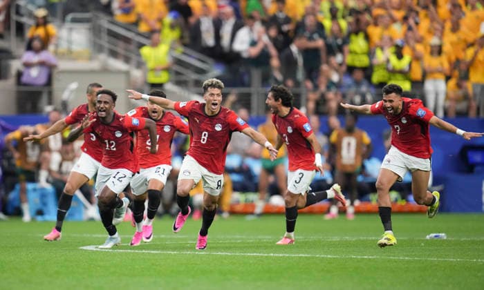 (260704) -- DALLAS, July 4, 2026 -- Players of Egypt celebrates victory after the round of 32 match between Australia and Egypt at the 2026 FIFA World Cup, WM, Weltmeisterschaft, Fussball at Dallas Stadium in Dallas, the United States, July 3, 2026. ) (SP)U.S.-DALLAS-FOOTBALL-FIFA WORLD CUP-ROUND OF 32-AUS VS EGY WuxXiaoling 