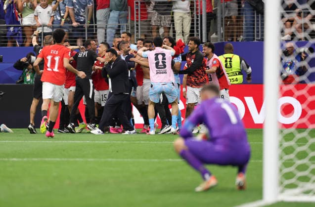 (260704) -- DALLAS, July 4, 2026 -- Members of Egypt celebrate victory after the round of 32 match between Australia and Egypt at the 2026 FIFA World Cup, WM, Weltmeisterschaft, Fussball at Dallas Stadium in Dallas, the United States, July 3, 2026. ) (SP)U.S.-DALLAS-FOOTBALL-FIFA WORLD CUP-ROUND OF 32-AUS VS EGY LixYing 