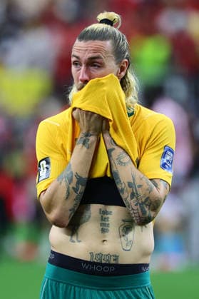 Jackson Irvine of Australia visibly upset after Australia lose to Egypt in a penalty shoot out during the FIFA World Cup, WM, Weltmeisterschaft, Fussball 2026 last 32 match between Australia and Egypt at AT&T Stadium, Dallas, USA on 3 July 2026. Copyright: xPeterxDovganx 45210066