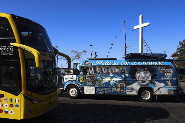 Murals across Buenos Aires depict football legends Diego Maradona and Messi BUENOS AIRES, ARGENTINA – JULY 3: A bus painted with images of football legend Diego Maradona is seen in Buenos Aires, Argentina, on July 3, 2026. Buenos Aires is home to dozens of murals depicting football legends Lionel Messi and Diego Maradona, turning the city s streets into an open-air gallery. Neighborhoods including La Paternal, San Telmo, Palermo, La Boca, and Villa del Parque feature vibrant street art paying tribute to Argentina s two greatest football icons. The city s football culture also extends beyond the murals, with fans dressed as Messi and Maradona and shops displaying merchandise dedicated to both players. Matias Baglietto Anadolu Buenos Aires Argentina. Editorial use only. Please get in touch for any other usage.  Copyright: x2026xAnadoluxMatiasxBagliettox