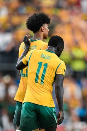 Lucas Herrington of Australia (L) and Awer Mabil of Australia (R) look dejected after hitting the cross bar in penalty kicks during a FIFA Men’s World Cup 2026 round of 32 football match between Australia and Egypt at Dallas Stadium, in Arlington on July 03 2026 (Photo by Nayra Halm SPP)  Copyright: xNayraxHalm SPPx Sportspressphoto_SPR184196