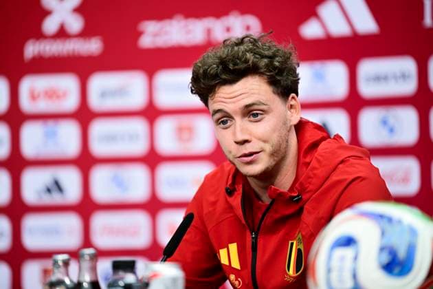 Belgian national football team - FIFA World Cup, WM, Weltmeisterschaft, Fussball 2026 - media activities 03 07 2026 LOS ANGELES, UNITED STATES OF AMERICA - JULY 03 : De Cuyper Maxim defender of Belgium pictured during a press conference, PK, Pressekonferenz at the SoFi Stadium prior to the Belgium vs Iran match during the 2026 FIFA World Cup on July 3, 2026 in Los Angeles, United States of America, 03 07 2026 Los Angeles United States of America  Copyright: xJanxDexMeuleneirx