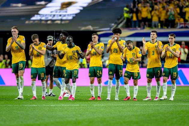 DALLAS - (lr) Harry Souttar of Australia, Ajdin Hrustic of Australia, Mohamed Toure of Australia, Awer Mabil of Australia, Paul Okon Engstler of Australia, Jackson Irvine of Australia, Aziz Behich of Australia, Alessandro Circati of Australia and Kai Trwein of Australia during the 2026 World Cup match between Australia and Egypt at Dallas Stadium on July 3, 2026, in Dallas, United States. (Photo by Stefan Koops EYE4IMAGES DeFodi Images) - *** DALLAS — Harry Souttar of Australia, Ajdin Hrustic of Australia, Mohamed Toure of Australia, Awer Mabil of Australia, Paul Okon Engstler of Australia, Jackson Irvine of Australia, Aziz Behich of Australia, Alessandro Circati of Australia, and Kai Trwein of Australia during the 2026 World Cup match between Australia and Egypt at Dallas Stadium on July 3, 2026, in Dallas, United States. Photo by Stefan Koops EYE4IMAGES DeFodi Images
