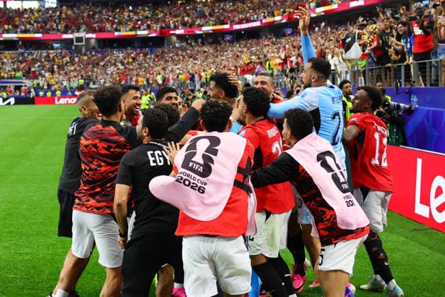 Egyptian players celebrate winning the match after a penalty shoot out during the FIFA World Cup, WM, Weltmeisterschaft, Fussball 2026 last 32 match between Australia and Egypt at AT&T Stadium, Dallas, USA on 3 July 2026. Copyright: xPeterxDovganx 45210088