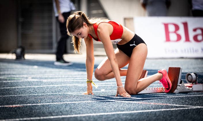 Deutsche Meisterschaften U23 U18; Bochum-Wattenscheid, 03.07.2026 Im Startblock: Anna Hense (LG Olympia Dortmund) in ihrem 400m-Vorlauf; Deutsche Meisterschaften U23 U18 am 03.07.2026 im Lohrheidestadion in Bochum-Wattenscheid (Nordrhein-Westfalen). *** German U23 and U18 Championships, Bochum-Wattenscheid, July 3, 2026: Anna Hense of LG Olympia Dortmund in the starting blocks for her 400m preliminary heat at the German U23 and U18 Championships on July 3, 2026, at Lohrheidestadion in Bochum-Wattenscheid, North Rhine-Westphalia Copyright: xBEAUTIFULxSPORTS R.xSchmittx