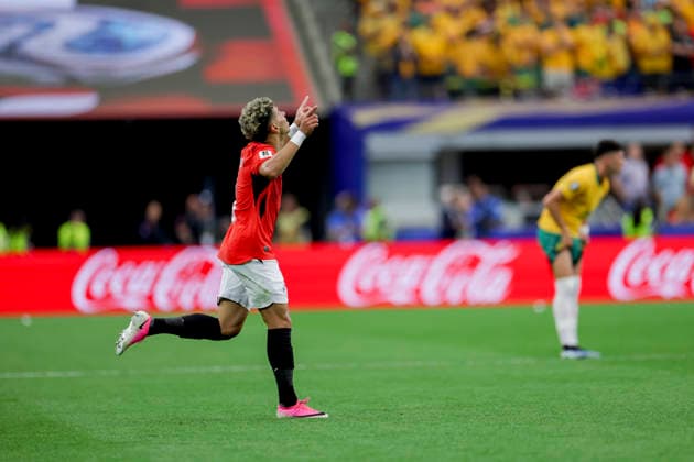 Egypt Faces Australia FIFA World Cup, WM, Weltmeisterschaft, Fussball 2026 Egypt s midfielder 08 celebrates after Egypt scored during the 2026 World Cup round of 32 football match between Australia and Egypt at Dallas Stadium in Arlington, Texas, on July 3, 2026. Texas Texas United States Copyright: xMohamedxTageldinx