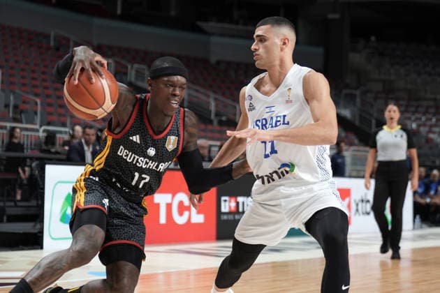 Basketball, Israel, Germany, RÄ«ga, Latvia, 03.07.2026, basketball Dennis Schroder of Germany and Yam Madar of Israel in action during FIBA 2027 World Cup European qualifiers Group A game between Israel and Germany national basketball teams In Riga, Latvia, 03.07.2026. Photo: Roman Koksarov (RKF) RÄ«ga Latvia Copyright: xRomanxKoksarovx basketISR-GER20260703rk136.JPG