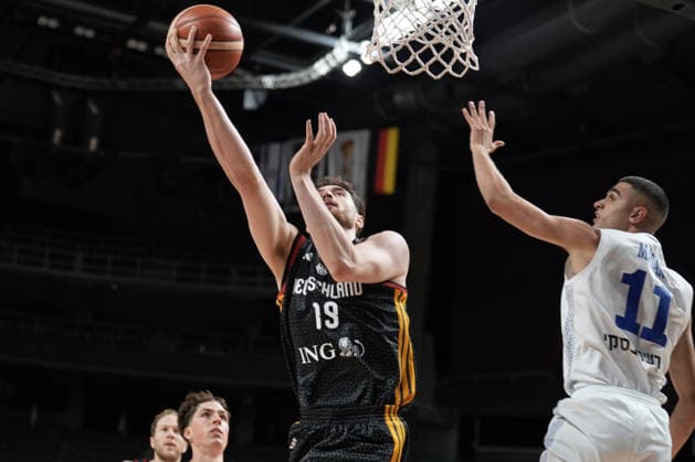 Basketball, Israel, Germany, RÄ«ga, Latvia, 03.07.2026, basketball Kay Bruhnke of Germany and Yam Madar of Israel in action during FIBA 2027 World Cup European qualifiers Group A game between Israel and Germany national basketball teams In Riga, Latvia, 03.07.2026. Photo: Roman Koksarov (RKF) RÄ«ga Latvia Copyright: xRomanxKoksarovx basketISR-GER20260703rk172.JPG