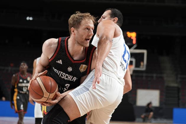 Basketball, Israel, Germany, RÄ«ga, Latvia, 03.07.2026, basketball Christian Sengfelder of Germany and Netanel Artzi of Israel in action during FIBA 2027 World Cup European qualifiers Group A game between Israel and Germany national basketball teams In Riga, Latvia, 03.07.2026. Photo: Roman Koksarov (RKF) RÄ«ga Latvia Copyright: xRomanxKoksarovx basketISR-GER20260703rk194.JPG