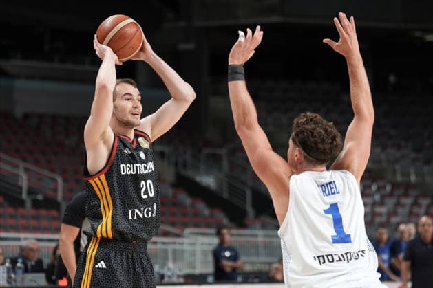 Basketball, Israel, Germany, RÄ«ga, Latvia, 03.07.2026, basketball Malte Delow of Germany and Adam Ariel of Israel in action during FIBA 2027 World Cup European qualifiers Group A game between Israel and Germany national basketball teams In Riga, Latvia, 03.07.2026. Photo: Roman Koksarov (RKF) RÄ«ga Latvia Copyright: xRomanxKoksarovx basketISR-GER20260703rk239.JPG