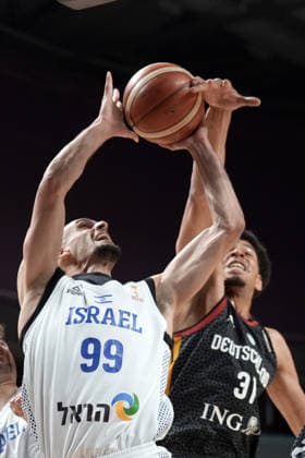 Basketball, Israel, Germany, RÄ«ga, Latvia, 03.07.2026, basketball Guy Palatin of Israel and Sananda Fru of Germany in action during FIBA 2027 World Cup European qualifiers Group A game between Israel and Germany national basketball teams In Riga, Latvia, 03.07.2026. Photo: Roman Koksarov (RKF) Riga Latvia Copyright: xRomanxKoksarovx basketISR-GER20260703rk388.JPG