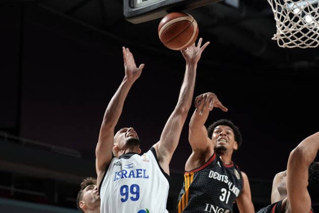 Basketball, Israel, Germany, RÄ«ga, Latvia, 03.07.2026, basketball Guy Palatin of Israel and Sananda Fru of Germany in action during FIBA 2027 World Cup European qualifiers Group A game between Israel and Germany national basketball teams In Riga, Latvia, 03.07.2026. Photo: Roman Koksarov (RKF) Riga Latvia Copyright: xRomanxKoksarovx basketISR-GER20260703rk389.JPG