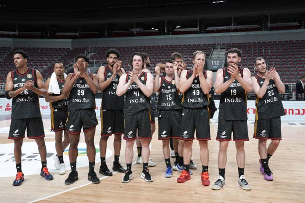 Sport Themen der Woche KW27 Basketball, Israel, Germany, RÄ«ga, Latvia, 03.07.2026, basketball Team Germany players celebrate during FIBA 2027 World Cup European qualifiers Group A game between Israel and Germany national basketball teams In Riga, Latvia, 03.07.2026. Photo: Roman Koksarov (RKF) Riga Latvia Copyright: xRomanxKoksarovx basketISR-GER20260703rk1306.JPG
