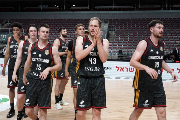Basketball, Israel, Germany, RÄ«ga, Latvia, 03.07.2026, basketball Team Germany players celebrate during FIBA 2027 World Cup European qualifiers Group A game between Israel and Germany national basketball teams In Riga, Latvia, 03.07.2026. Photo: Roman Koksarov (RKF) Riga Latvia Copyright: xRomanxKoksarovx basketISR-GER20260703rk1310.JPG